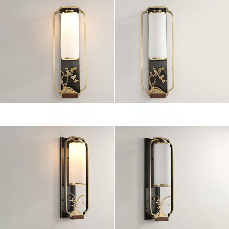Traditional Chinese Carved Copper Frame Frosted Glass Cylinder Shade 1-Light Wall Sconce Lamp For Living Room