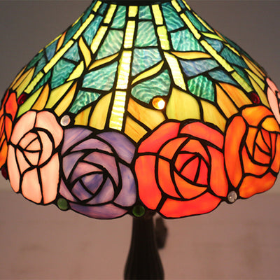 Vintage Tiffany Roses Buntglaskegel 1-Licht Tischlampe