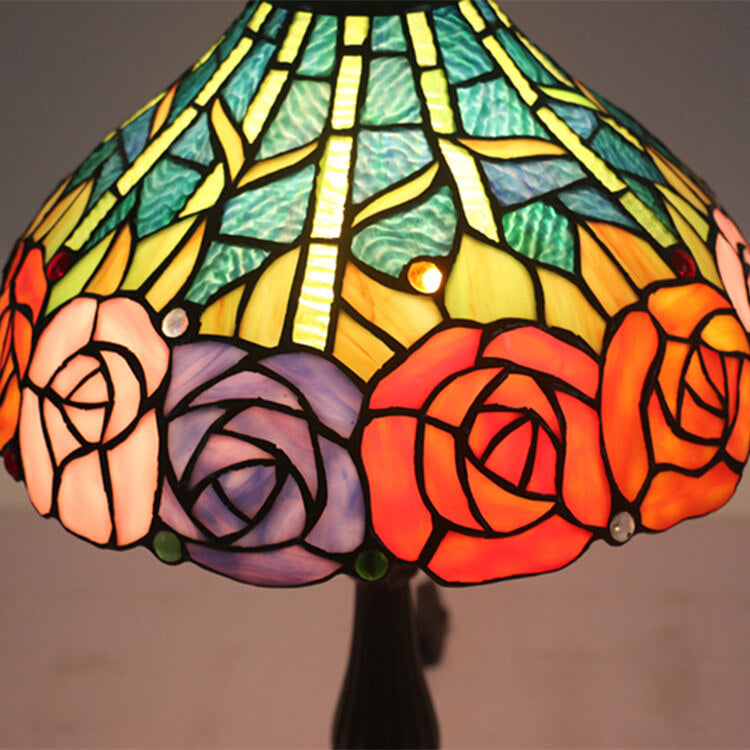 Vintage Tiffany Roses Stained Glass Cone 1-Light Table Lamp