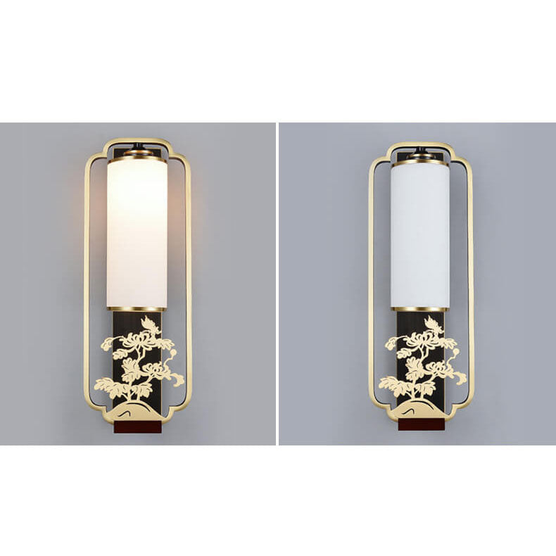 Modern New Chinese Copper Glass Column Ring 1-Light Wall Sconce Lamp