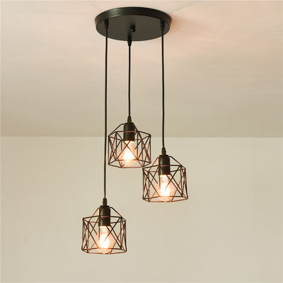 Industrial Simple Geometry Cage Iron 1/3 Light Island Light Chandelier