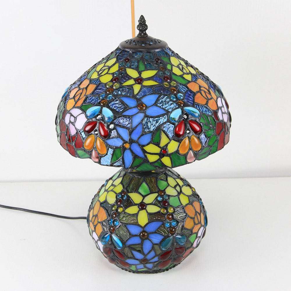 Traditional Tiffany Copper Glass Resin Floral Beads Round Base 2-Light Table Lamp For Bedroom
