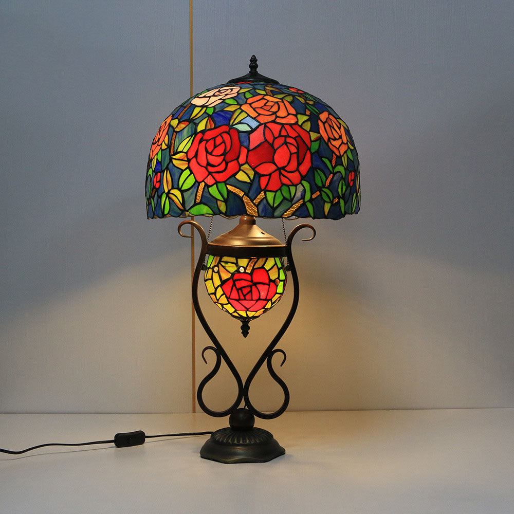 Traditional Tiffany Floral Stained Glass Iron Resin Round Pot 3-Light Table Lamp For Bedroom