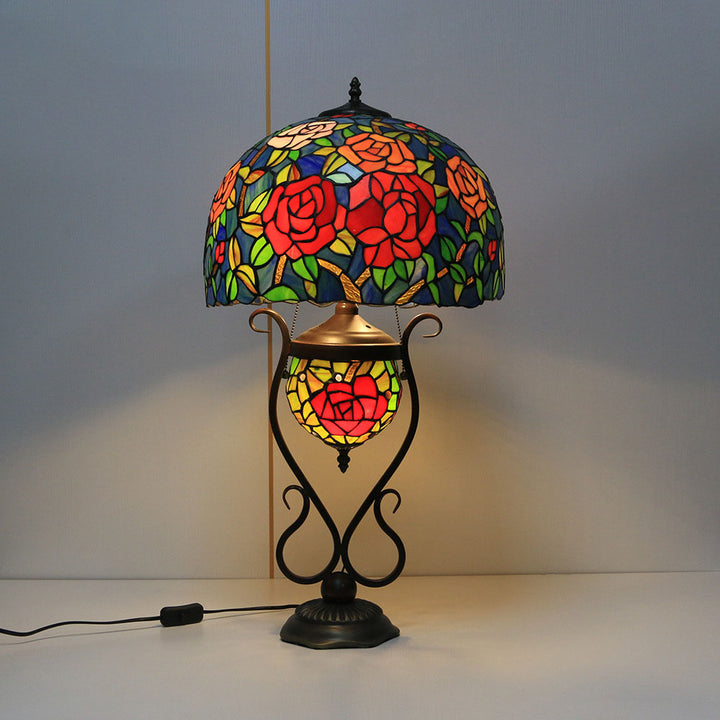 Traditional Tiffany Floral Stained Glass Iron Resin Round Pot 3-Light Table Lamp For Bedroom