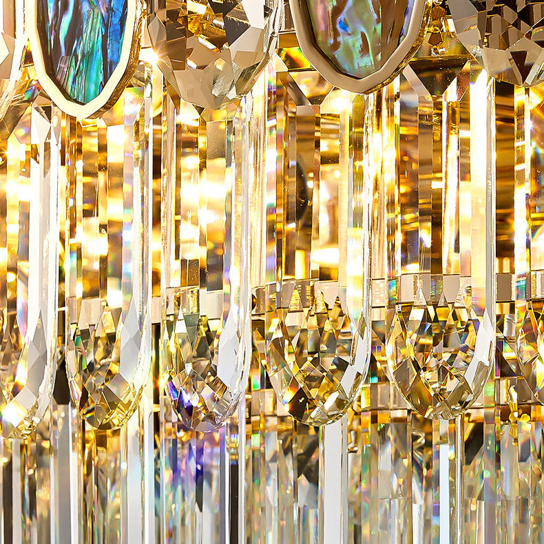 Lustre moderne de luxe avec ornementation de coquillage et abat-jour en cristal à niveaux 11/12/15/21/28 lumières pour le salon 