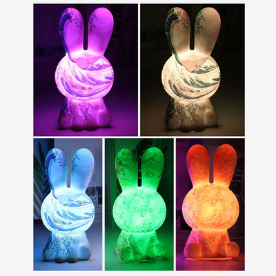 Lámpara de mesa con luz nocturna LED de conejo arcoíris impreso en 3D pintado creativamente 