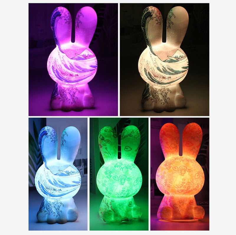 Lámpara de mesa con luz nocturna LED de conejo arcoíris impreso en 3D pintado creativamente 
