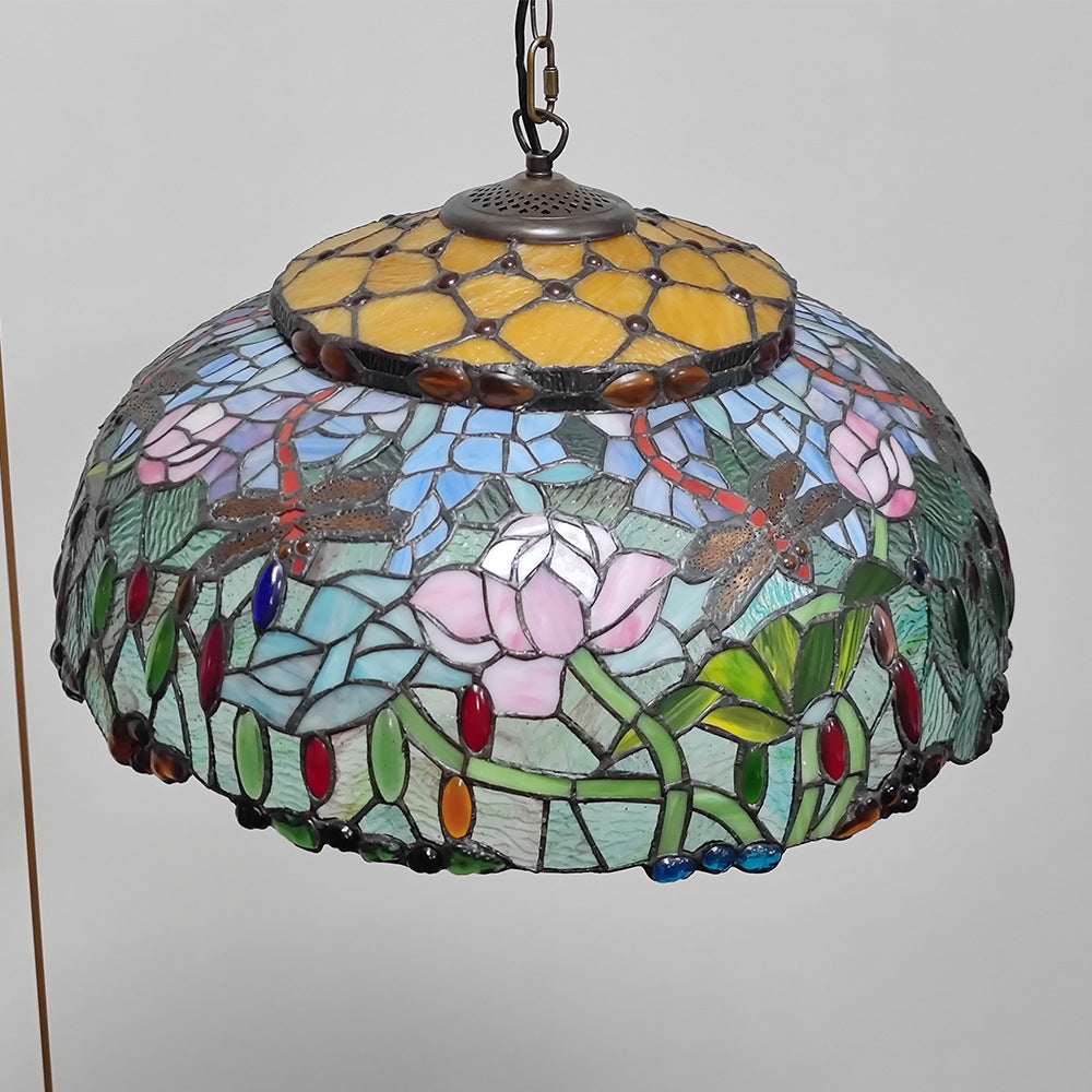 Traditioneller Tiffany-Dom-Wandglas-Rund-Dragonfly-Blumen-2-Licht-Kronleuchter für das Wohnzimmer 