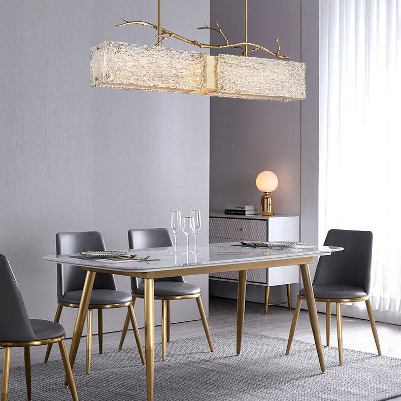 Nordic Light Luxury Rectangular All Brass Glass LED Island Light Chandelier