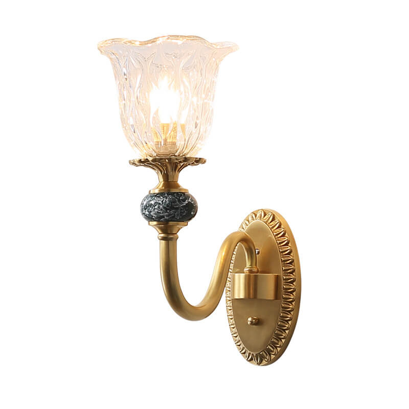 European Luxury Floral Glass Brass Curved Arm 1/2 Light Wall Sconce Lamp
