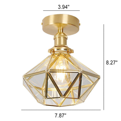 Modern Brass Glass Diamond 1-Light Semi-Flush Mount Ceiling Light