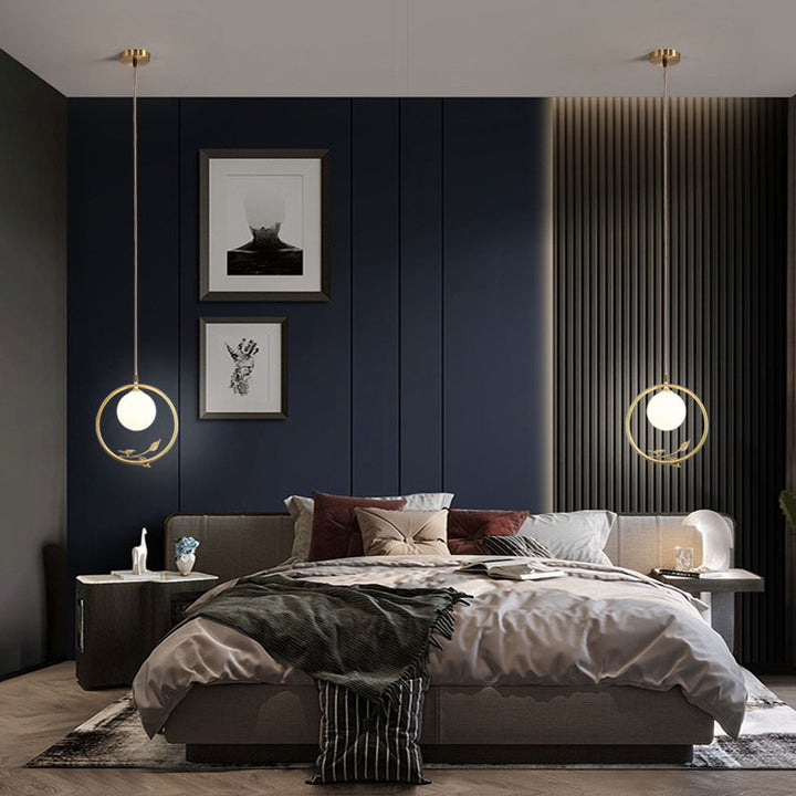 Lámpara colgante contemporánea nórdica de cobre y cristal circular de 1 luz para sala de estar y dormitorio 