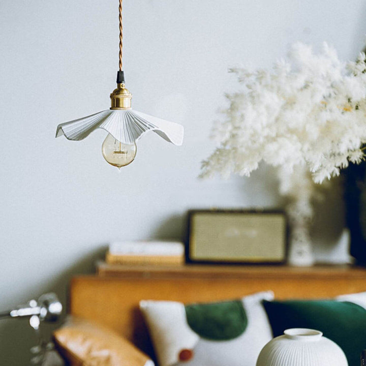 Traditional Vintage Ceramic Waves Scalloped Copper 1-Light Pendant Light For Living Room