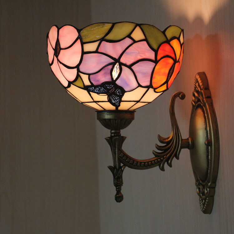 European Tiffany Floral Butterfly Bowl 1-Light Wall Sconce Lamp