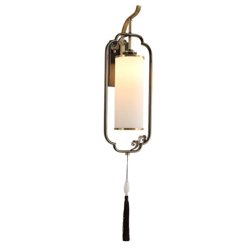 Traditionelle 1-flammige Wandleuchte aus chinesischem Kupfer, Eisen und Glas in Säulenform für das Wohnzimmer 