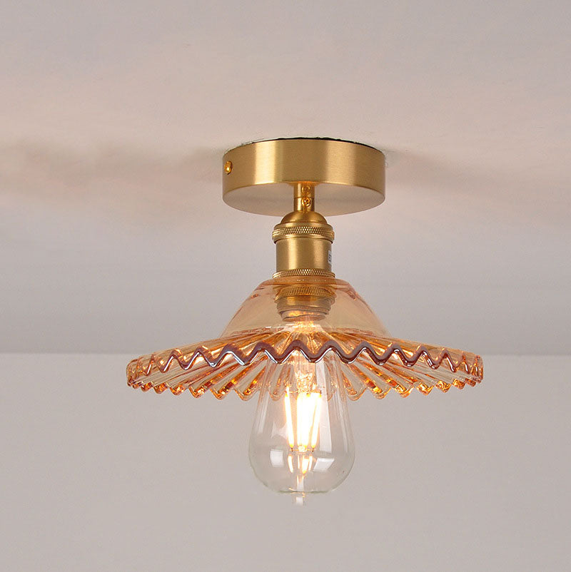 Traditionelle halb eingelassene 1-flammige Vintage-Deckenleuchte aus Glas und Eisen im Lotus-Design 