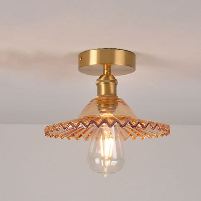 Japanese Vintage Glass Brass Lotus 1-Light Semi-Flush Mount Ceiling Light