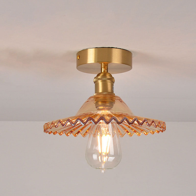 Japanese Vintage Glass Brass Lotus 1-Light Semi-Flush Mount Ceiling Light