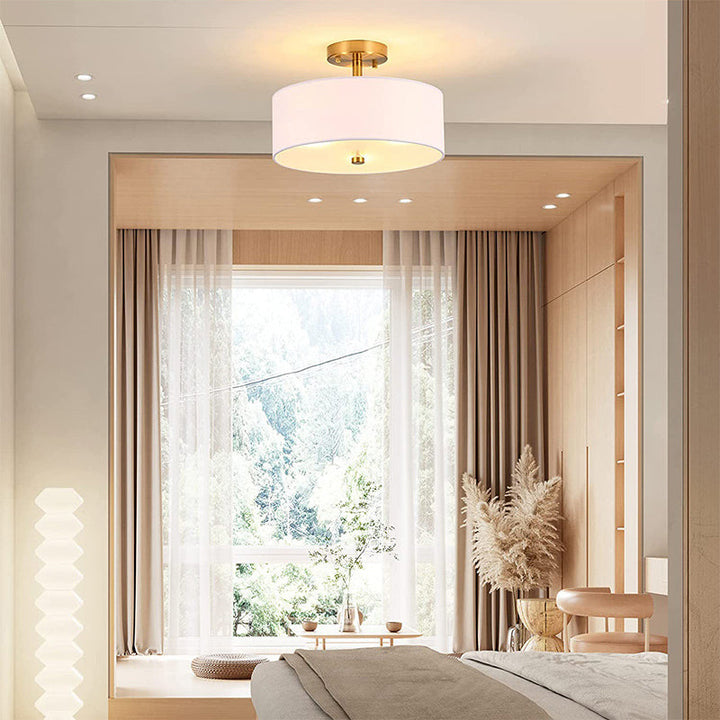 Chandelier à 3 lumières avec base en laiton électroplaqué de style moderne de transition et abat-jour en tissu cylindrique pour salon 