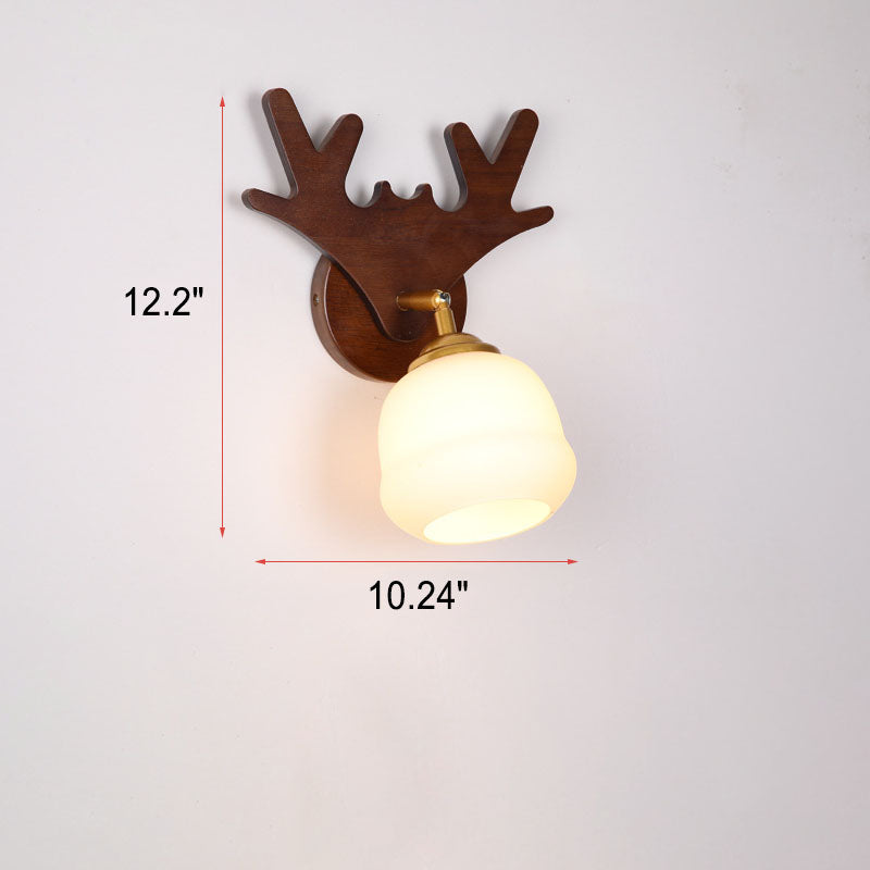 Vintage Chinese Walnut Deer Head Glass Shade 1-Light Wall Sconce Lamp