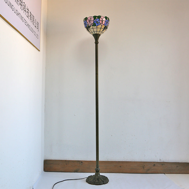 Tiffany Vintage Butterfly Flower Stained Glass Dome 1-Light Standing Floor Lamp
