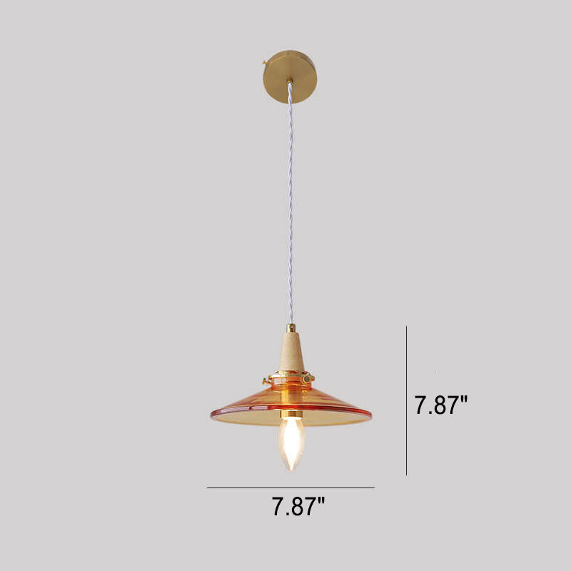 Vintage Orange Glass Cone Solid Wood 1-Light Pendant Light