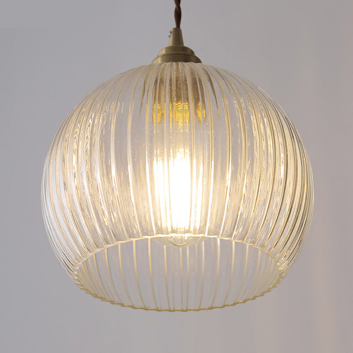 Moderne Einfachheit geripptes Glas Halbkreis Schatten Kupfer 1-Licht Pendelleuchte für Wohnzimmer 