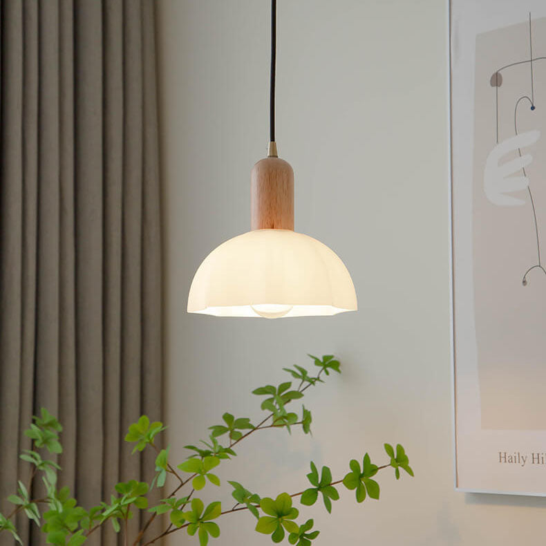 Suspension Luminaire 1 Lumière en Noyer Moderne avec Abat-Jour en Verre Vintage 