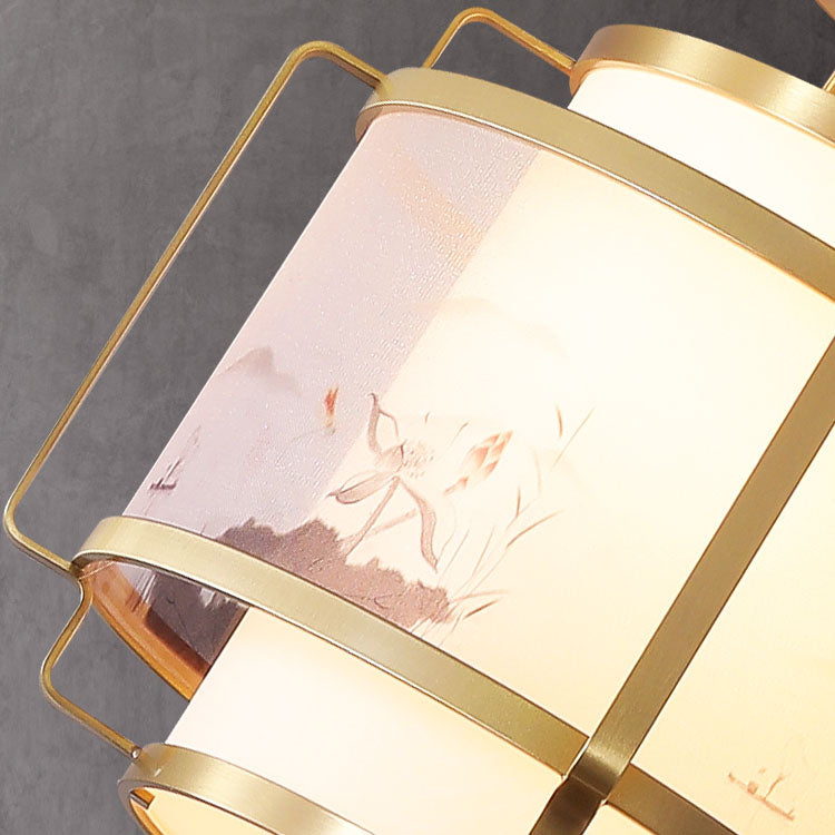 Modern Chinese Copper Fabric Round Tassel 1-Light Semi-Flush Mount Ceiling Light For Living Room