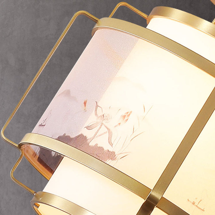 Modern Chinese Copper Fabric Round Tassel 1-Light Semi-Flush Mount Ceiling Light For Living Room