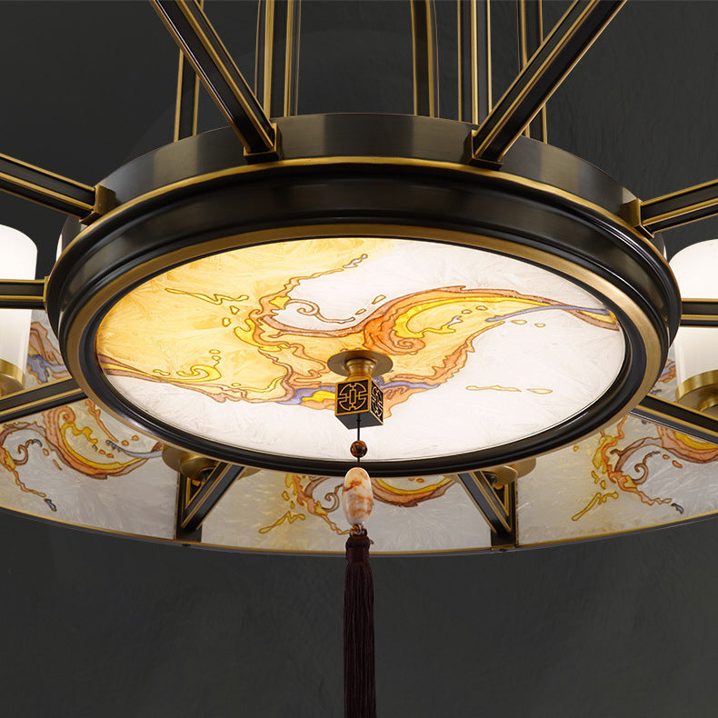 Cylindre en verre émaillé chinois traditionnel avec cadre en laiton 4/6 lumières lustre pour salon 