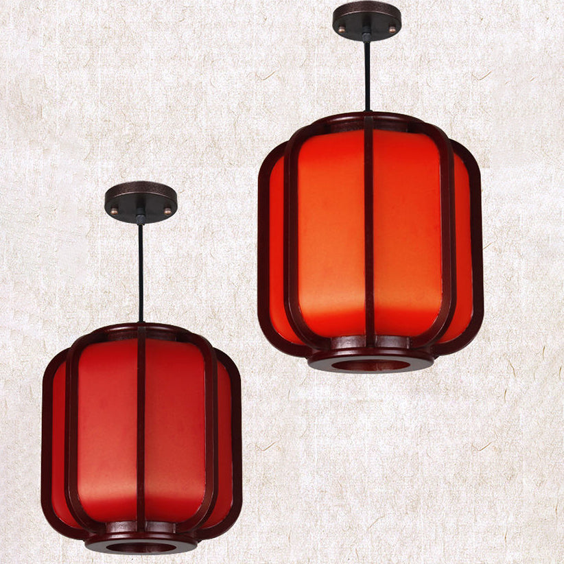 Traditional Chinese Faux Sheepskin Wooden Lantern Round 1-Light Pendant Light for Living Room