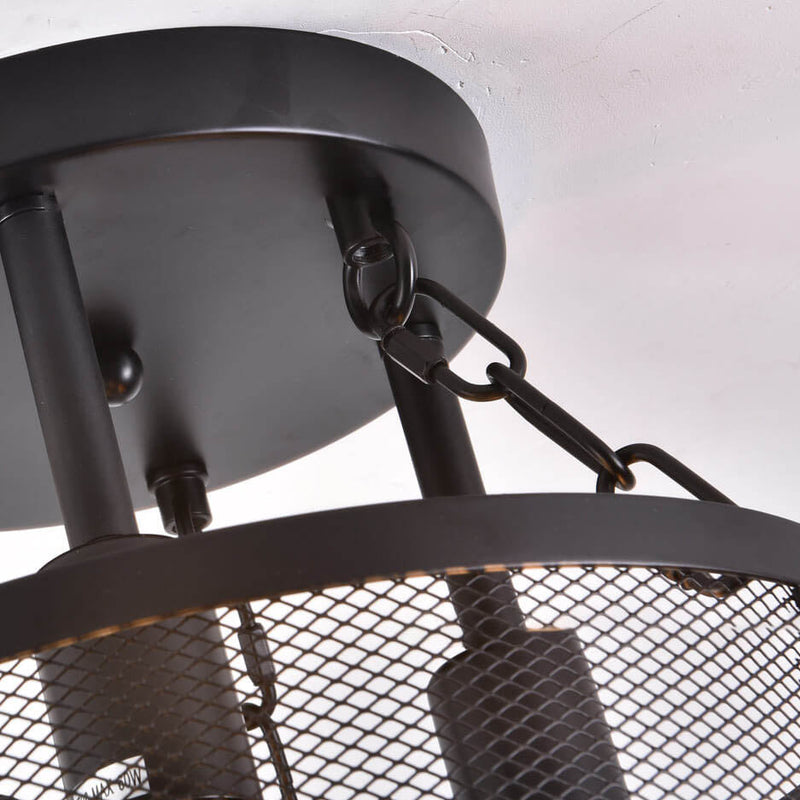 Industrial Vintage Round Grid Iron 3-Light Semi-Flush Mount Ceiling Light