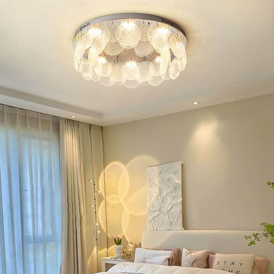 Contemporary Luxury Stainless Steel Frame Water Grain Glass Round Sheet 8-Light Flush Mount Ceiling Light For Living Room