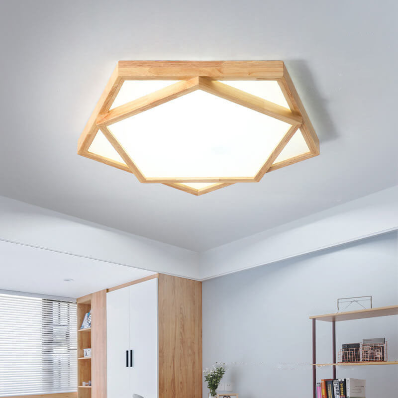 Modern Nordic Solid Wood Geometric LED Flush Mount Lighting Ceiling Light