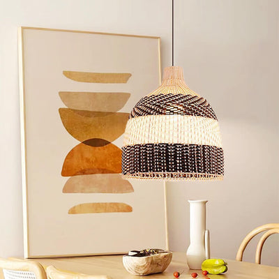 Modern Rattan Bamboo Black and White Dome 3-Light Chandelier