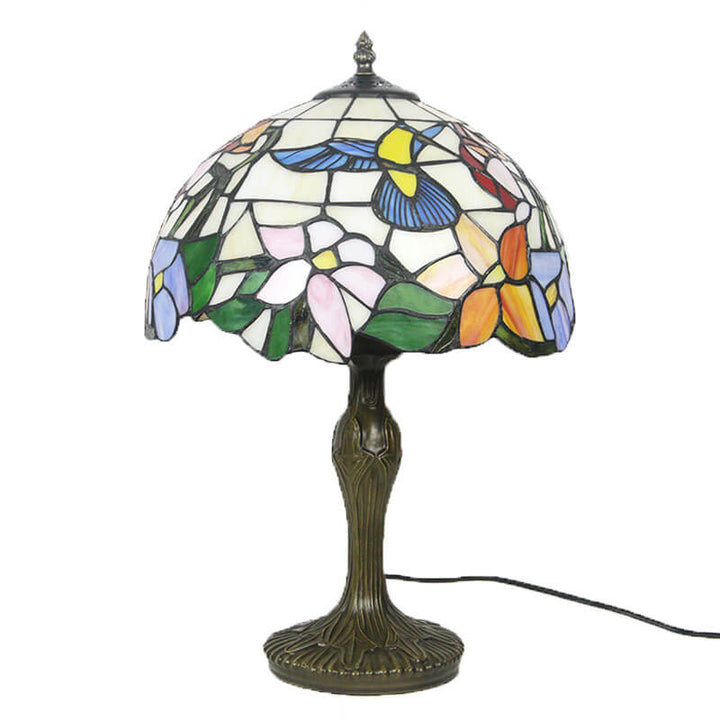 Lámpara de mesa de 1 luz con pantalla abombada de vidrio y aleación, estilo rústico floral Tiffany tradicional, para dormitorio 