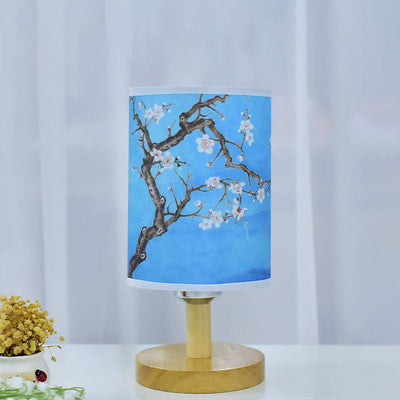 Moderne, minimalistische LED-Tischlampe aus Stoff, Säule, Landschaft, Holz 