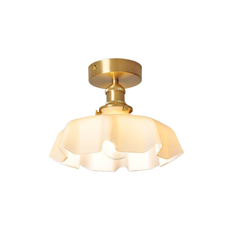 Japanese Vintage Cream Glass Floral Brass 1-Light Semi-Flush Mount Ceiling Light