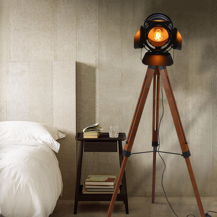 Industrial Vintage Solid Wood Iron Photographer Tripod 1-Light Standing Floor Lamp
