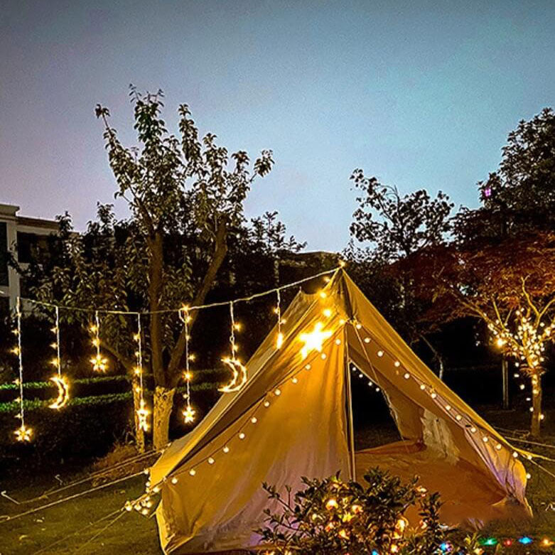 LED-Solar-Stern-Mond-Vorhang-Licht-Weihnachtsterrasse im Freien Dekorative Camping-Schnur-Lichter 