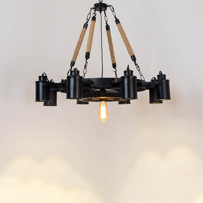 Zeitgenössischer industrieller Retro-Kronleuchter aus Schmiedeeisen und Hanfseil im Zahnrad-Design mit 7/9/11 Flammen für das Wohnzimmer 
