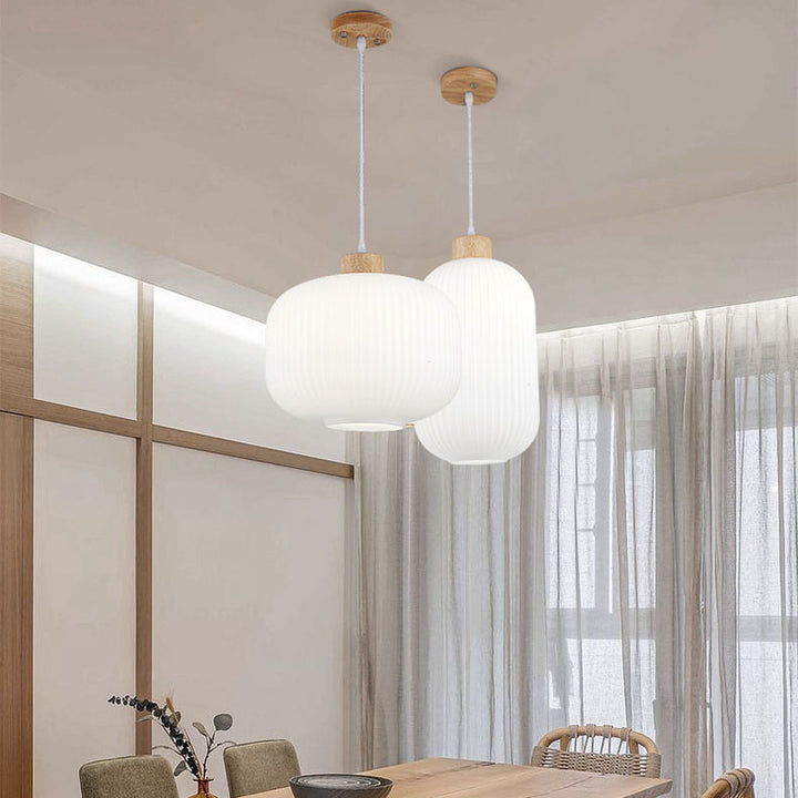 Modern Minimalist Striped Glass Rubberwood Oval Jar 1-Light Pendant Light for Living Room