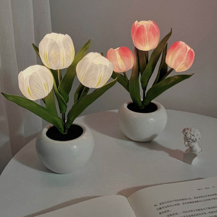 Tulipe Simulation Bouquet Pot de Fleur en Céramique Lampe de Table Lumière Nocturne LED 