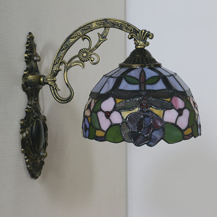 European Tiffany Dragonfly Flower Stained Glass 1-Light Wall Sconce Lamp