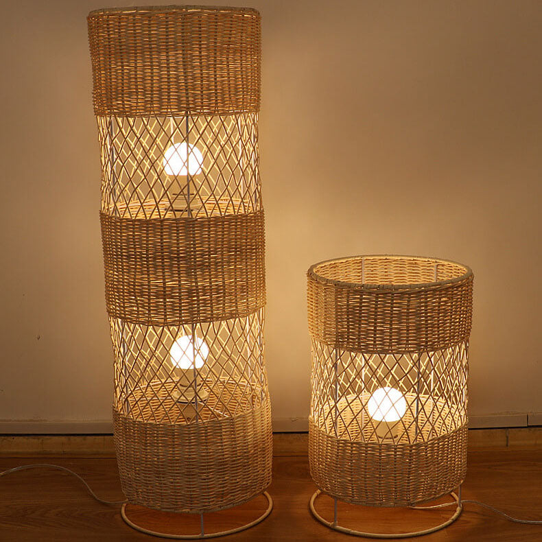 Minimalist Rattan Weaving Round Column 1/2 Light Standing Floor Lamp