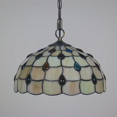 Tiffany European Gemstone Stained Glass Round 1-Light Pendant Light