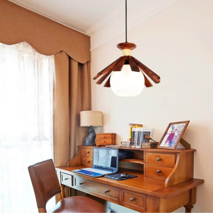 Traditional Japanese Round Wood 1-Light Pendant Light For Bedroom