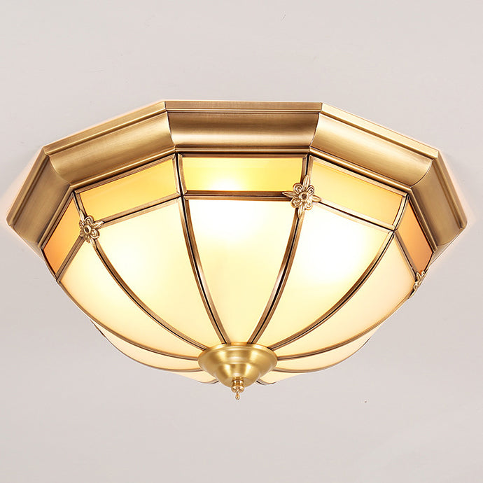 Traditional Chinese Copper Glass Round Flower Pattern 3/4/6 Light Flush Mount Ceiling Light for Living Room