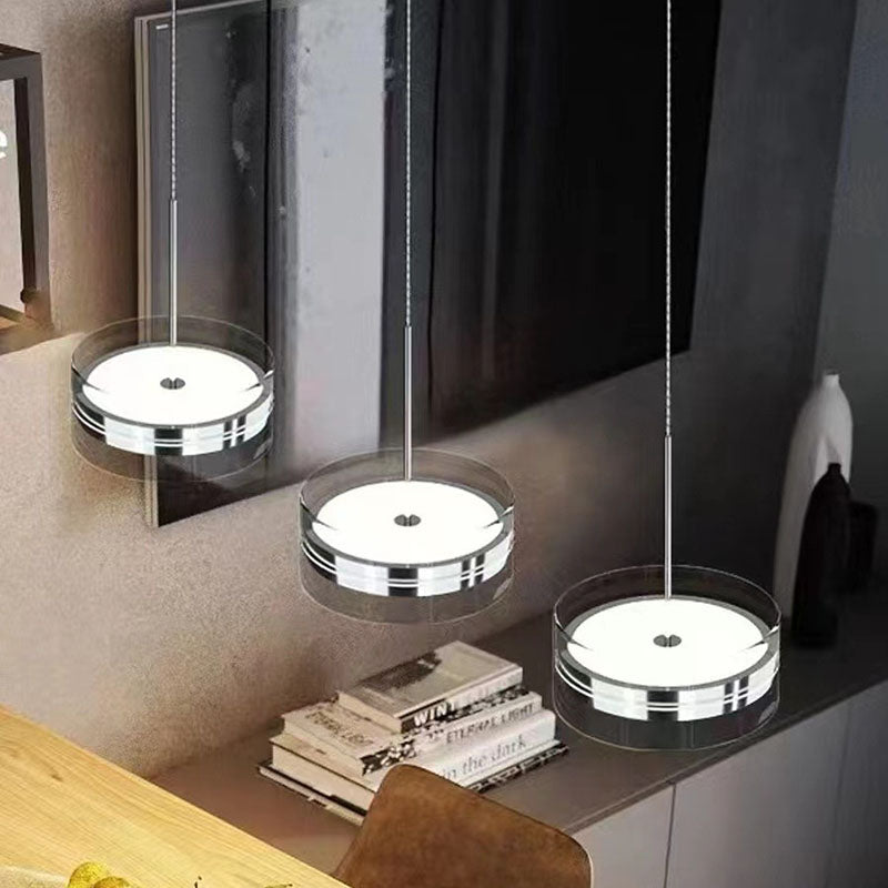 Lámpara de araña LED de isla con pantalla cilíndrica de vidrio de acero inoxidable escandinavo contemporáneo para comedor 